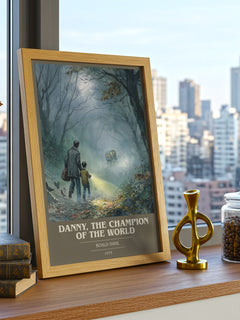 Danny, The Champion Of The World Book Cover Poster by Roald Dahl – framed print on a city-view windowsill