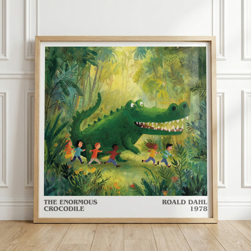 The Enormous Crocodile literary print in frame leaning in hallway – childrens wall art