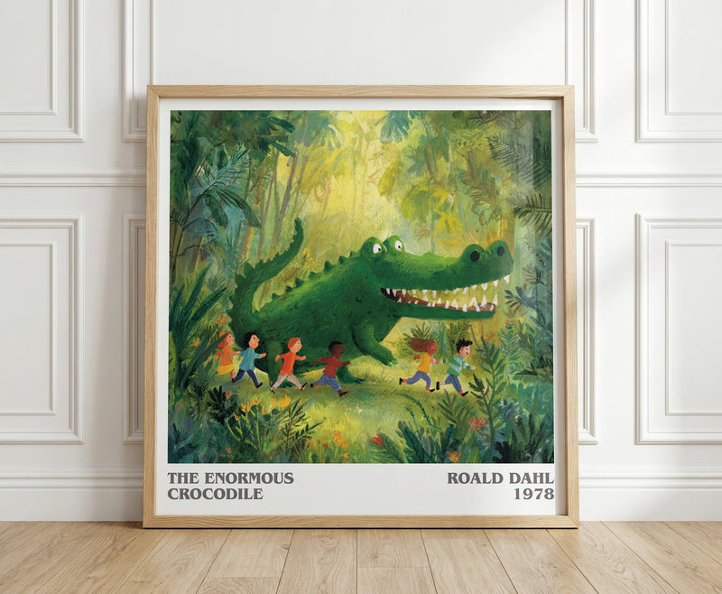The Enormous Crocodile literary print in frame leaning in hallway – childrens wall art