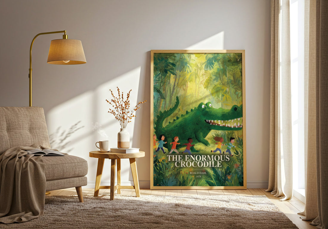The Enormous Crocodile watercolour print in frame leaning in hallway – childrens wall art (mockup)