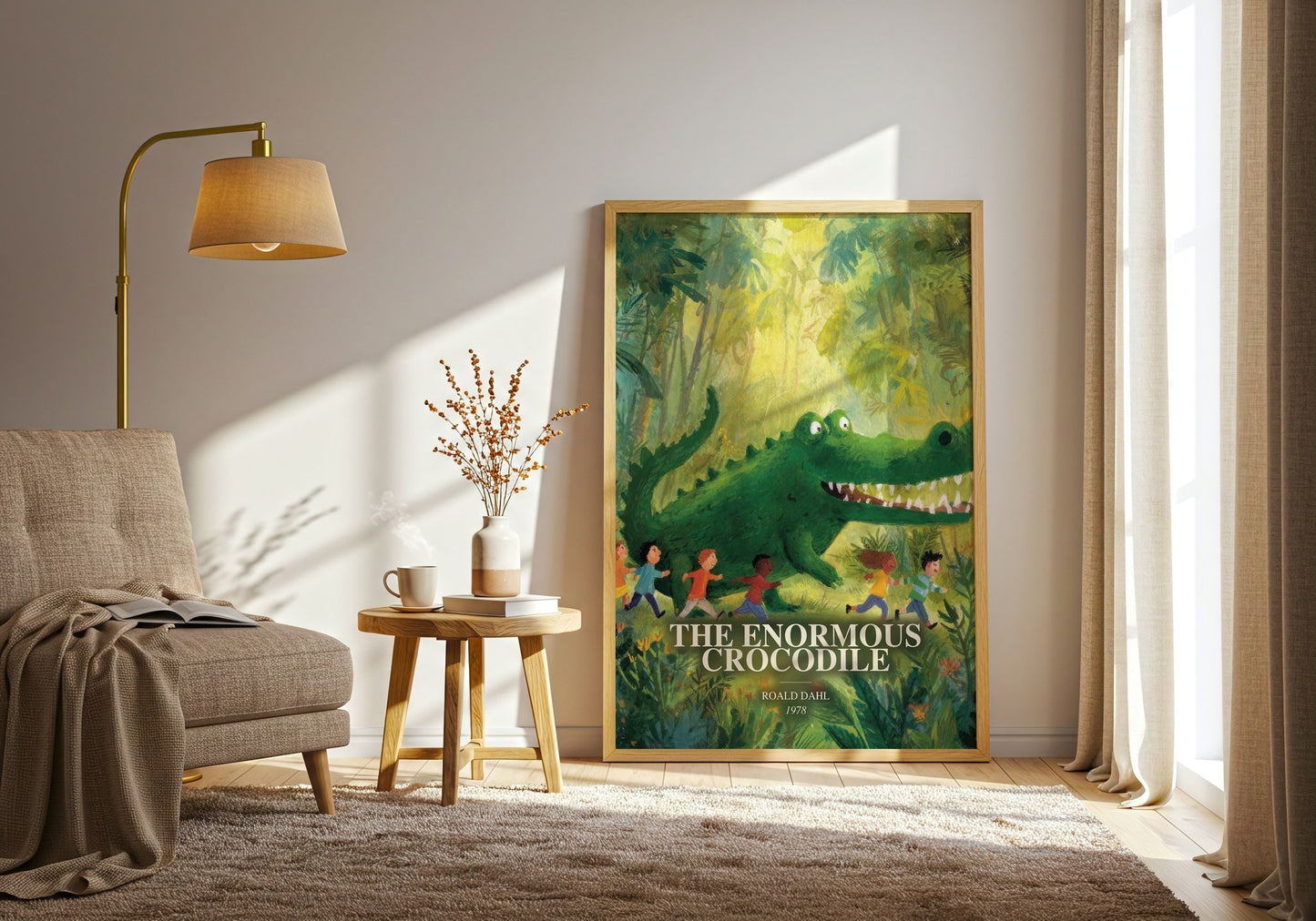 The Enormous Crocodile watercolour print in frame leaning in hallway – childrens wall art