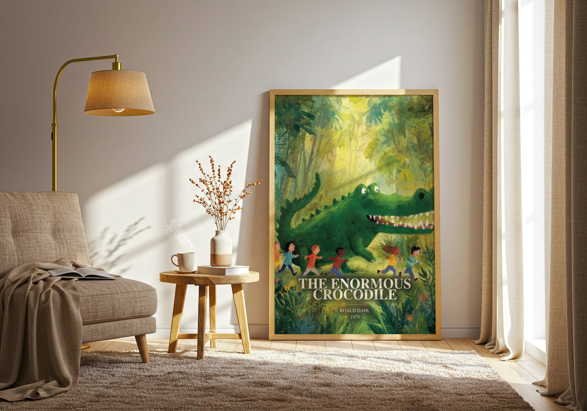 The Enormous Crocodile watercolour print in frame leaning in hallway – childrens wall art