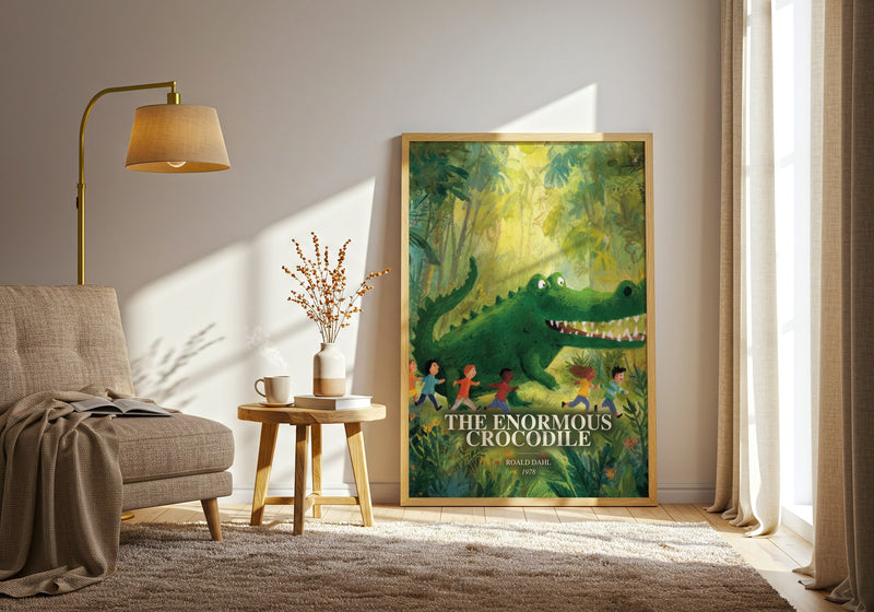 The Enormous Crocodile watercolour print in frame leaning in hallway – childrens wall art