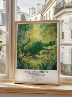 The Enormous Crocodile Book Cover Poster by Roald Dahl – framed print by a bright window