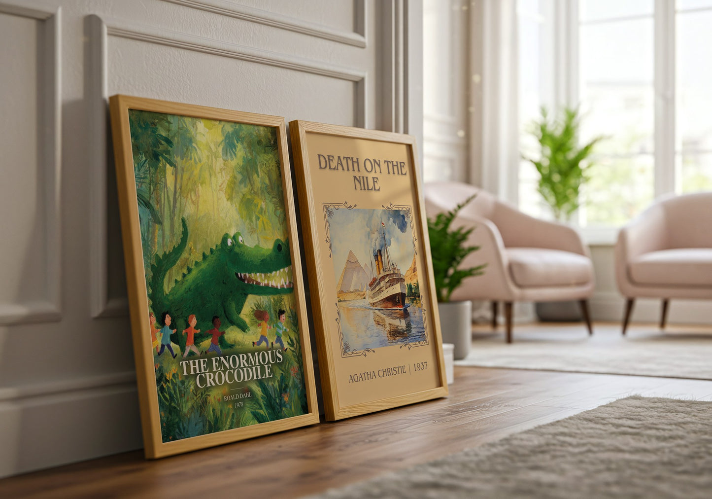The Enormous Crocodile watercolour print framed by window – literary home decor