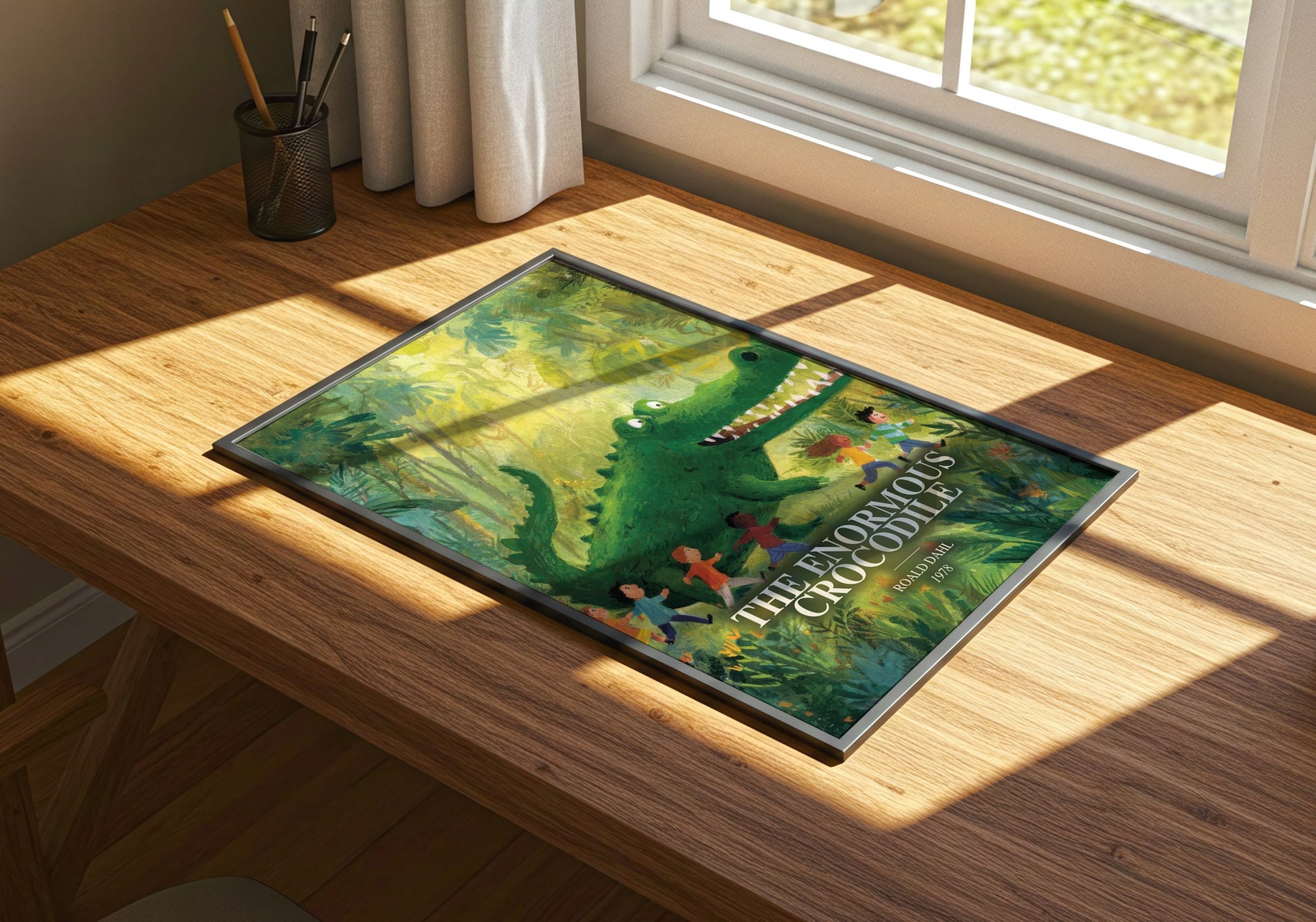 The Enormous Crocodile watercolour book poster framed on wall – childrens wall art