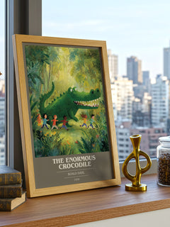 The Enormous Crocodile Book Cover Poster by Roald Dahl – framed print on a city-view windowsill