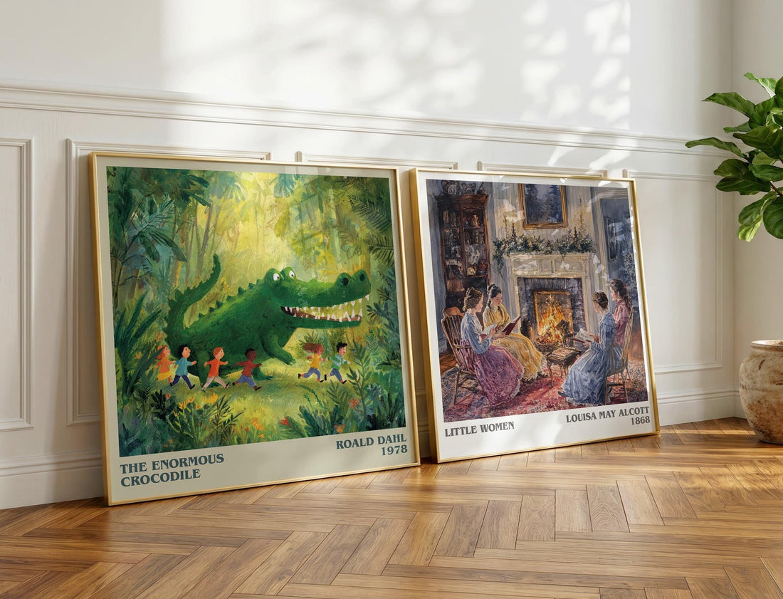 The Enormous Crocodile Literary Art Print by Roald Dahl – large square framed print leaning against a wall