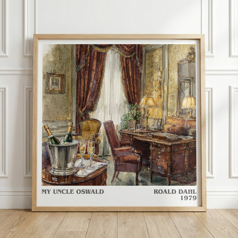 My Uncle Oswald literary print in frame leaning in hallway – satire wall art