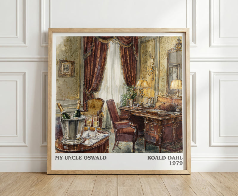 My Uncle Oswald literary print in frame leaning in hallway – satire wall art