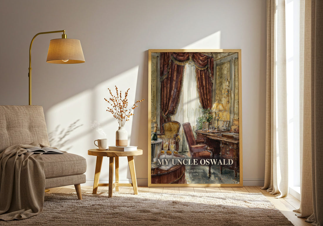 My Uncle Oswald watercolour print in frame leaning in hallway – satire wall art (mockup)