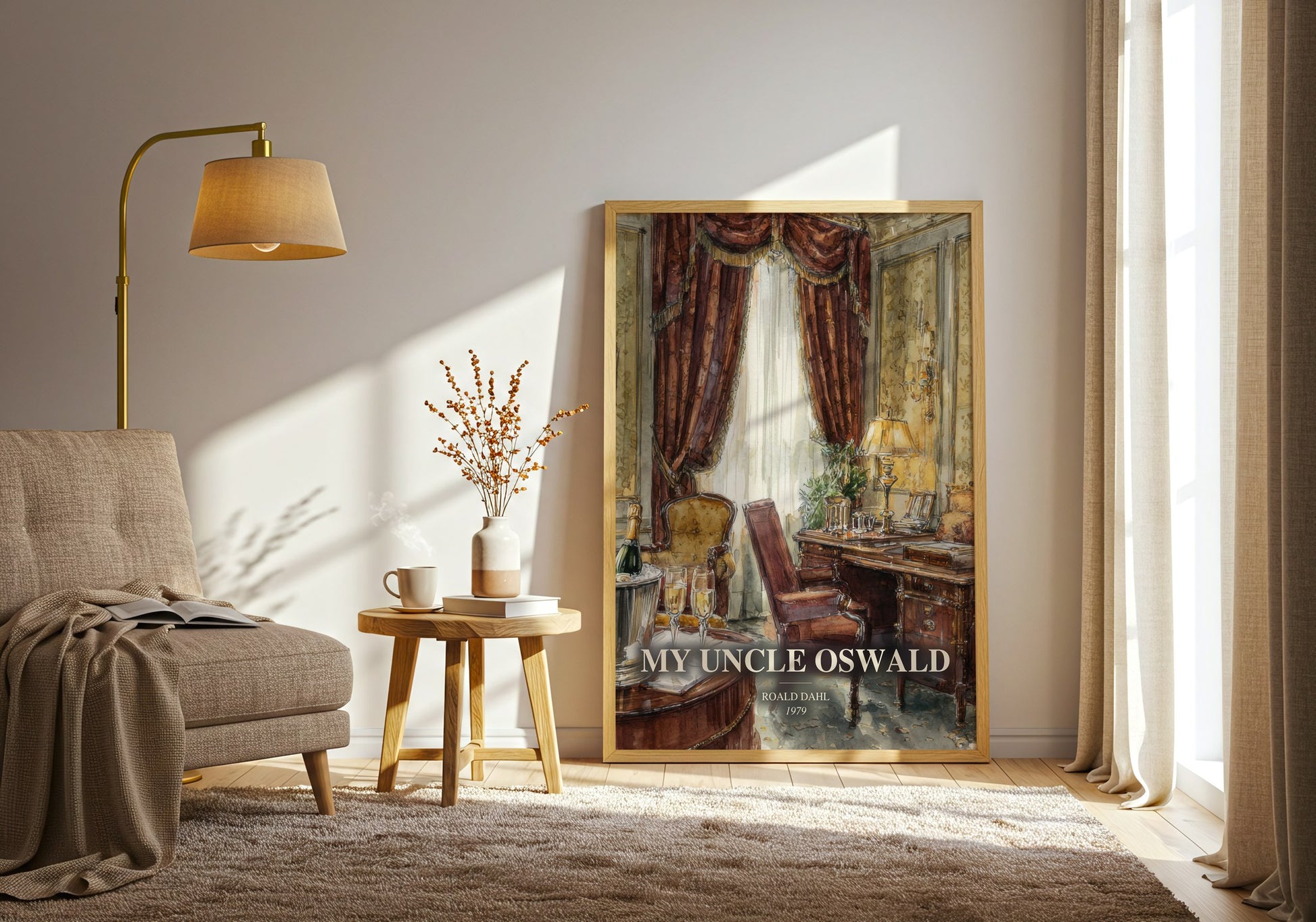 My Uncle Oswald watercolour print in frame leaning in hallway – satire wall art