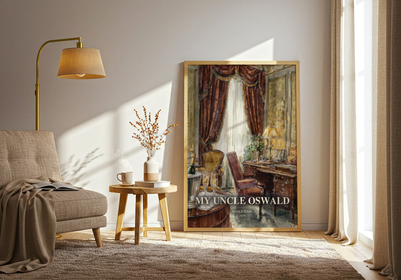 My Uncle Oswald watercolour print in frame leaning in hallway – satire wall art