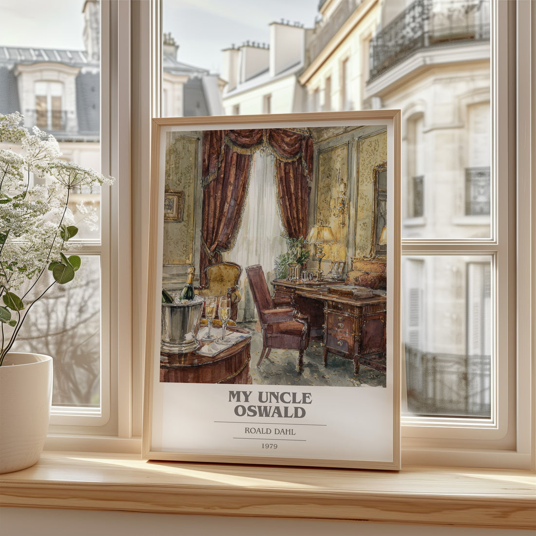My Uncle Oswald Book Cover Poster by Roald Dahl – framed print by a bright window