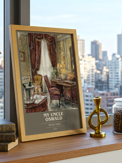 My Uncle Oswald Book Cover Poster by Roald Dahl – framed print on a city-view windowsill