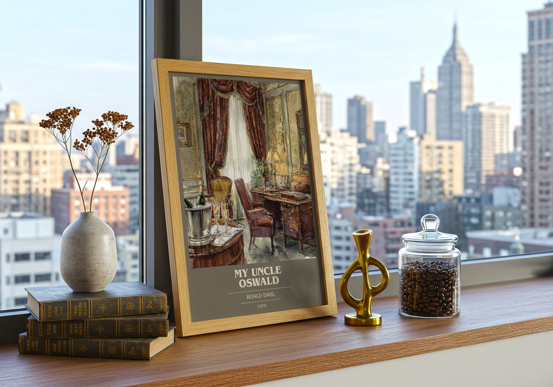 My Uncle Oswald Book Cover Poster by Roald Dahl – framed print on a city-view windowsill