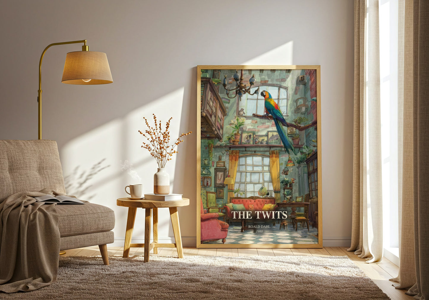 The Twits watercolour print in frame leaning in hallway – childrens wall art