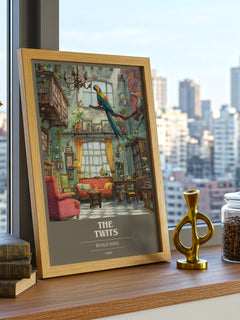 The Twits Book Cover Poster by Roald Dahl – framed print on a city-view windowsill