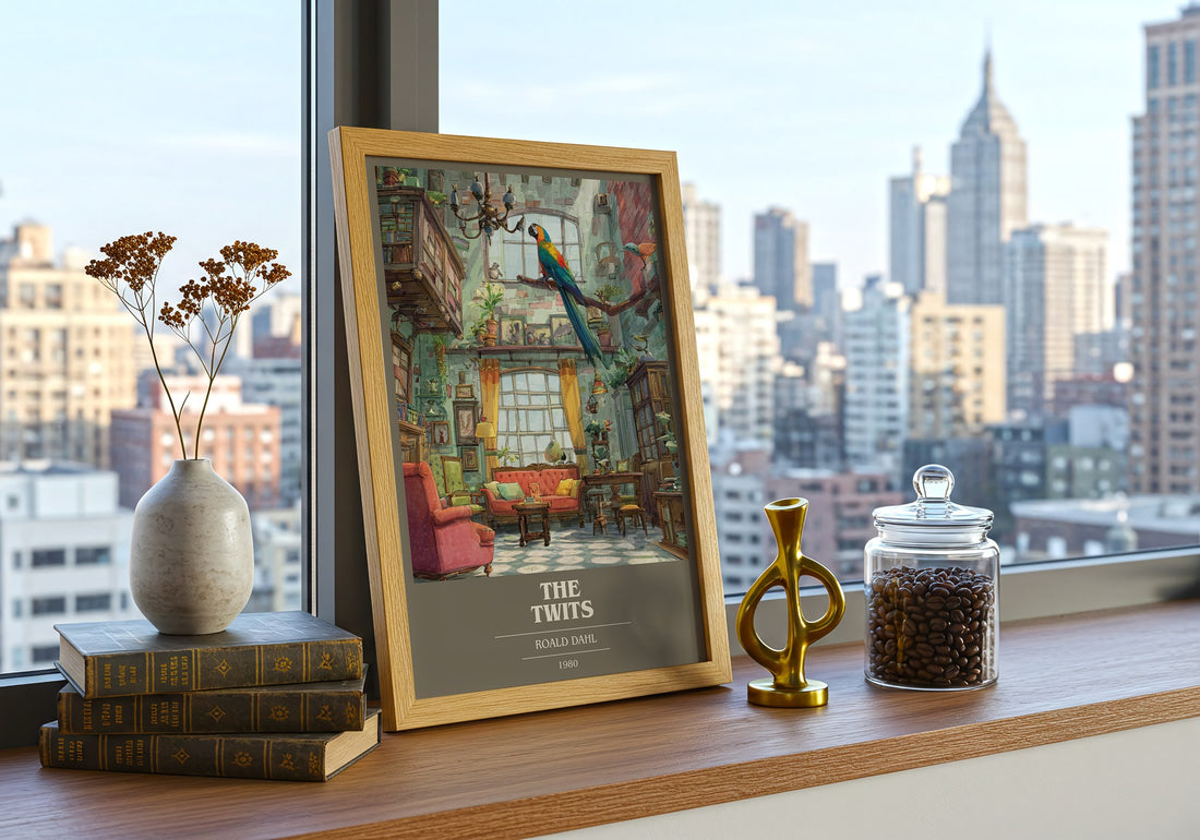 The Twits Book Cover Poster by Roald Dahl – framed print on a city-view windowsill