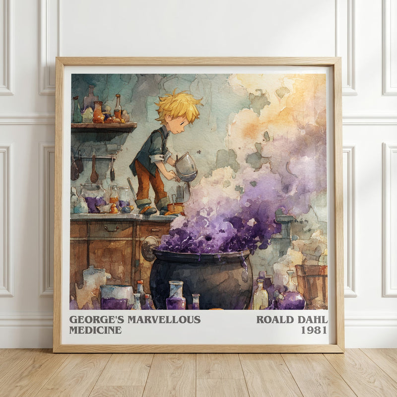 George's Marvellous Medicine literary print in frame leaning in hallway – childrens wall art