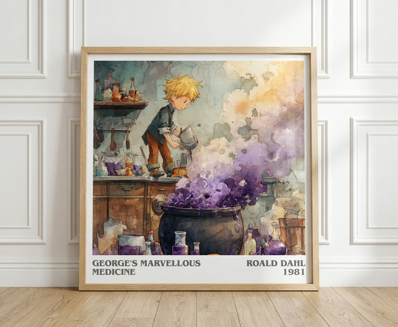 George's Marvellous Medicine literary print in frame leaning in hallway – childrens wall art