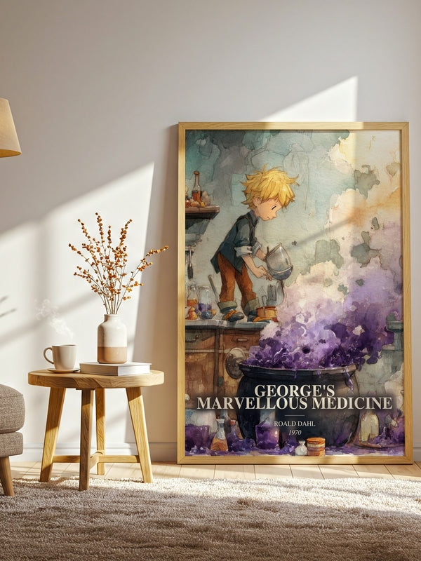George'S Marvellous Medicine watercolour print in frame leaning in hallway – childrens wall art