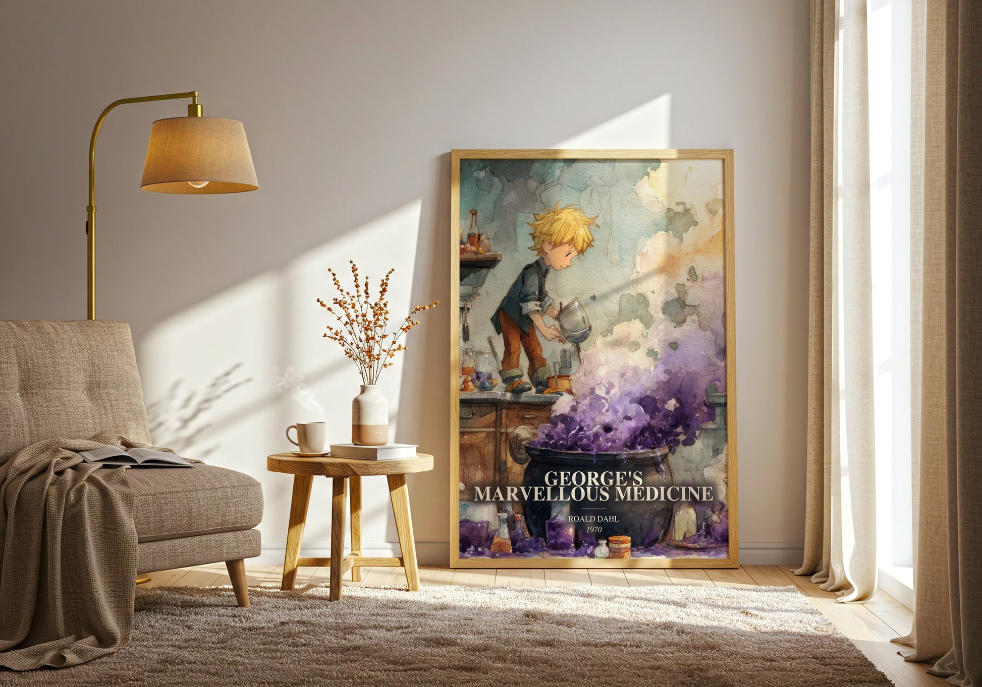 George'S Marvellous Medicine watercolour print in frame leaning in hallway – childrens wall art