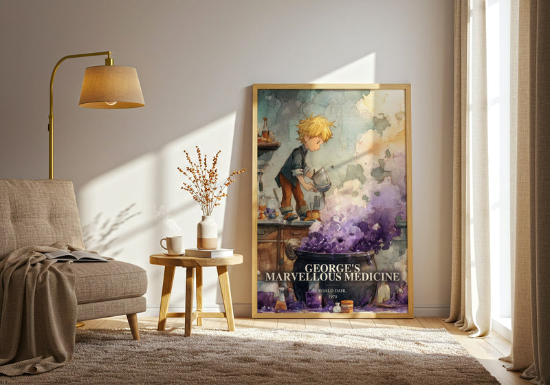 George'S Marvellous Medicine watercolour print in frame leaning in hallway – childrens wall art