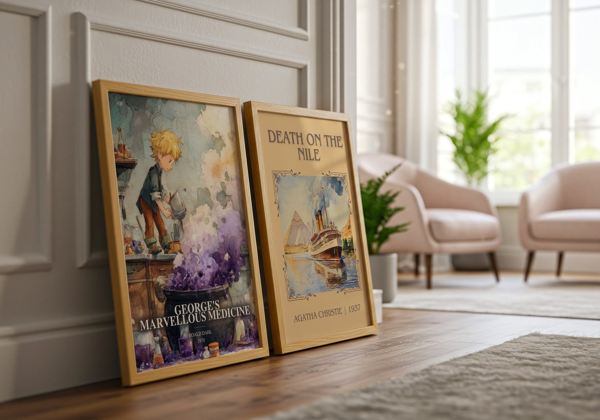 George'S Marvellous Medicine watercolour print framed by window – literary home decor