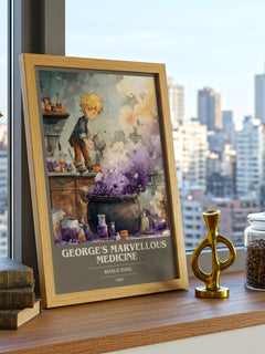 George's Marvellous Medicine Book Cover Poster by Roald Dahl – framed print on a city-view windowsill