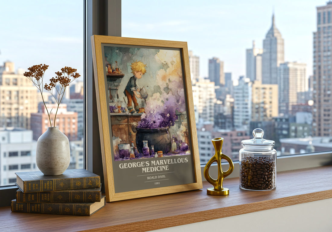 George's Marvellous Medicine Book Cover Poster by Roald Dahl – framed print on a city-view windowsill