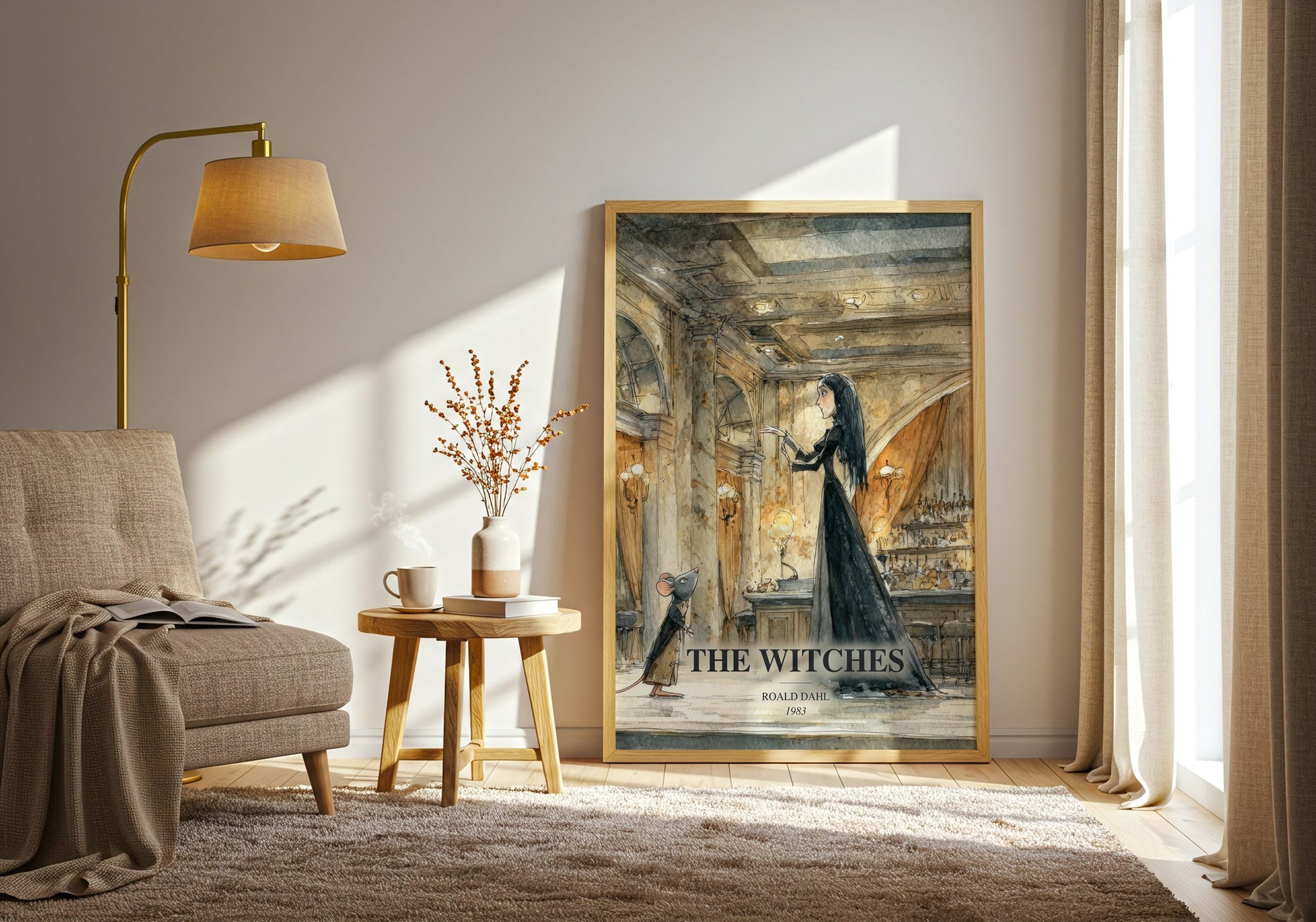 The Witches watercolour print in frame leaning in hallway – childrens wall art
