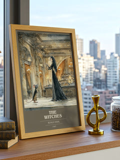 The Witches Book Cover Poster by Roald Dahl – framed print on a city-view windowsill