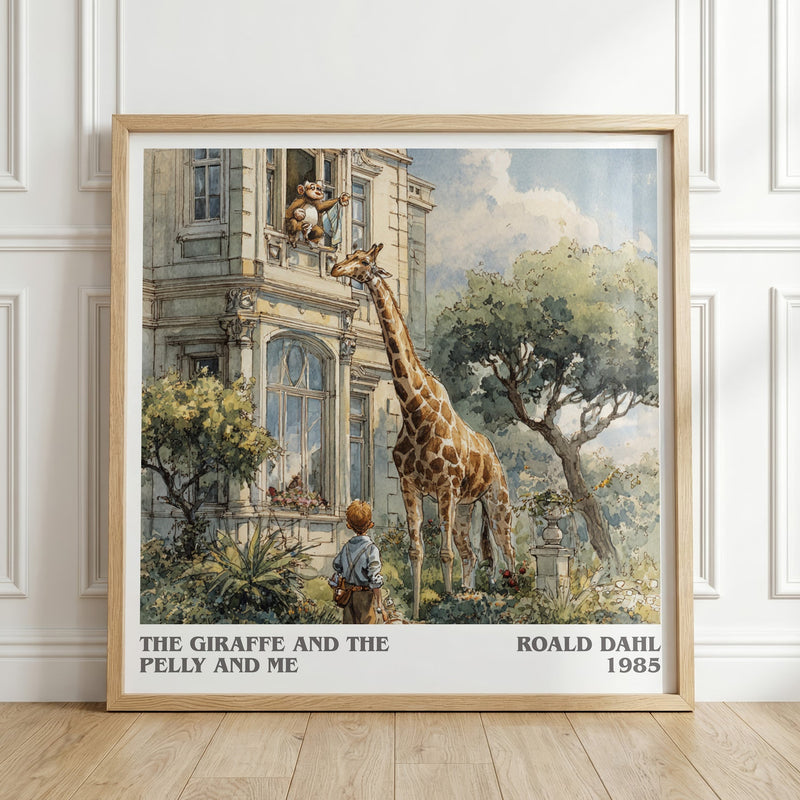 The Giraffe and the Pelly and Me literary print in frame leaning in hallway – childrens wall art