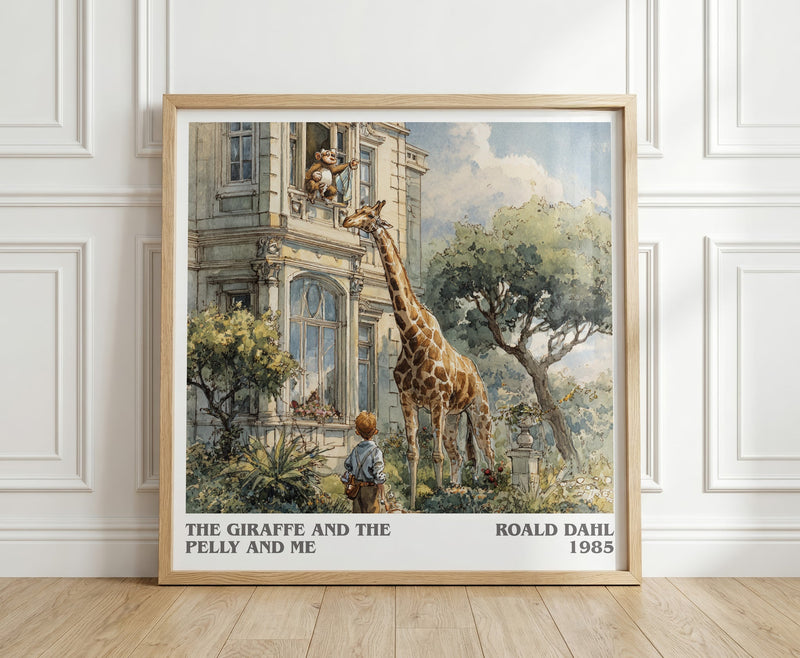 The Giraffe and the Pelly and Me literary print in frame leaning in hallway – childrens wall art