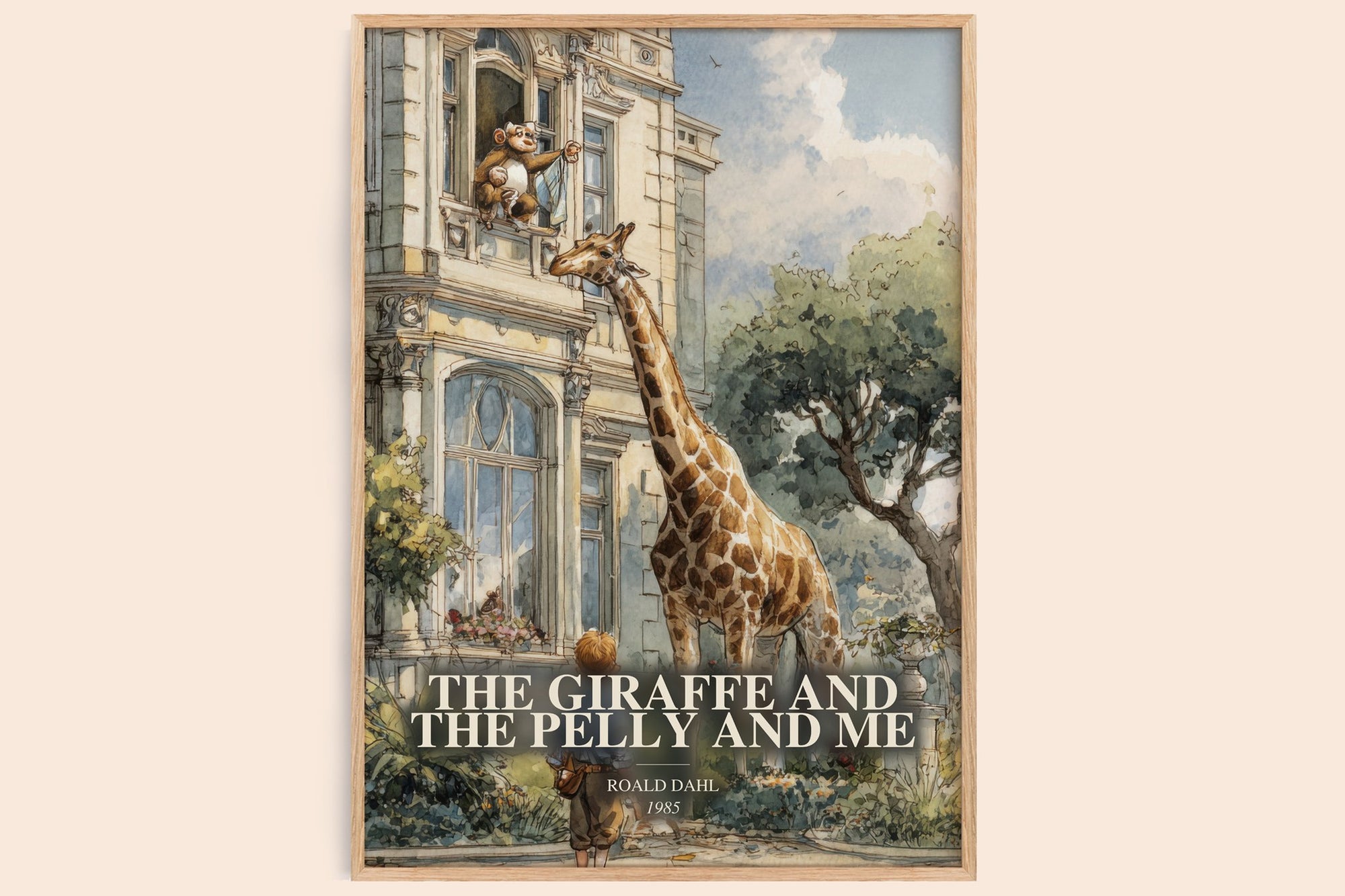 The Giraffe And The Pelly And Me watercolour book poster by Roald Dahl – framed literary art print