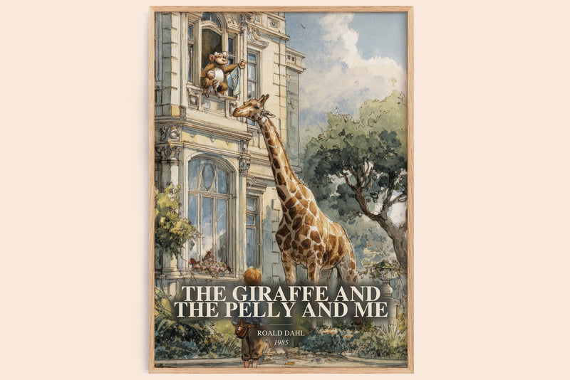 The Giraffe And The Pelly And Me watercolour book poster by Roald Dahl – framed literary art print