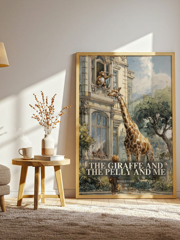 The Giraffe And The Pelly And Me watercolour print in frame leaning in hallway – childrens wall art