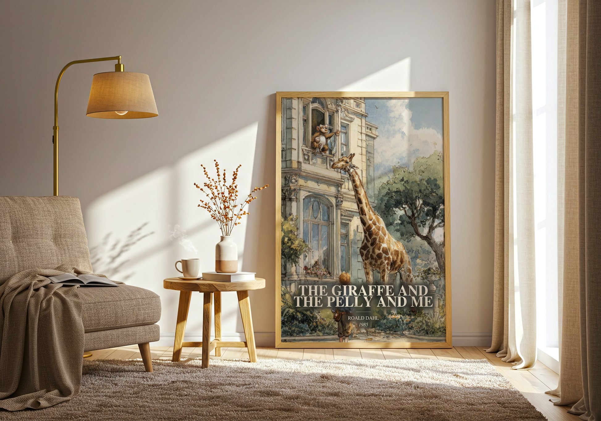 The Giraffe And The Pelly And Me watercolour print in frame leaning in hallway – childrens wall art
