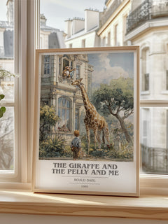The Giraffe and the Pelly and Me Book Cover Poster by Roald Dahl – framed print by a bright window