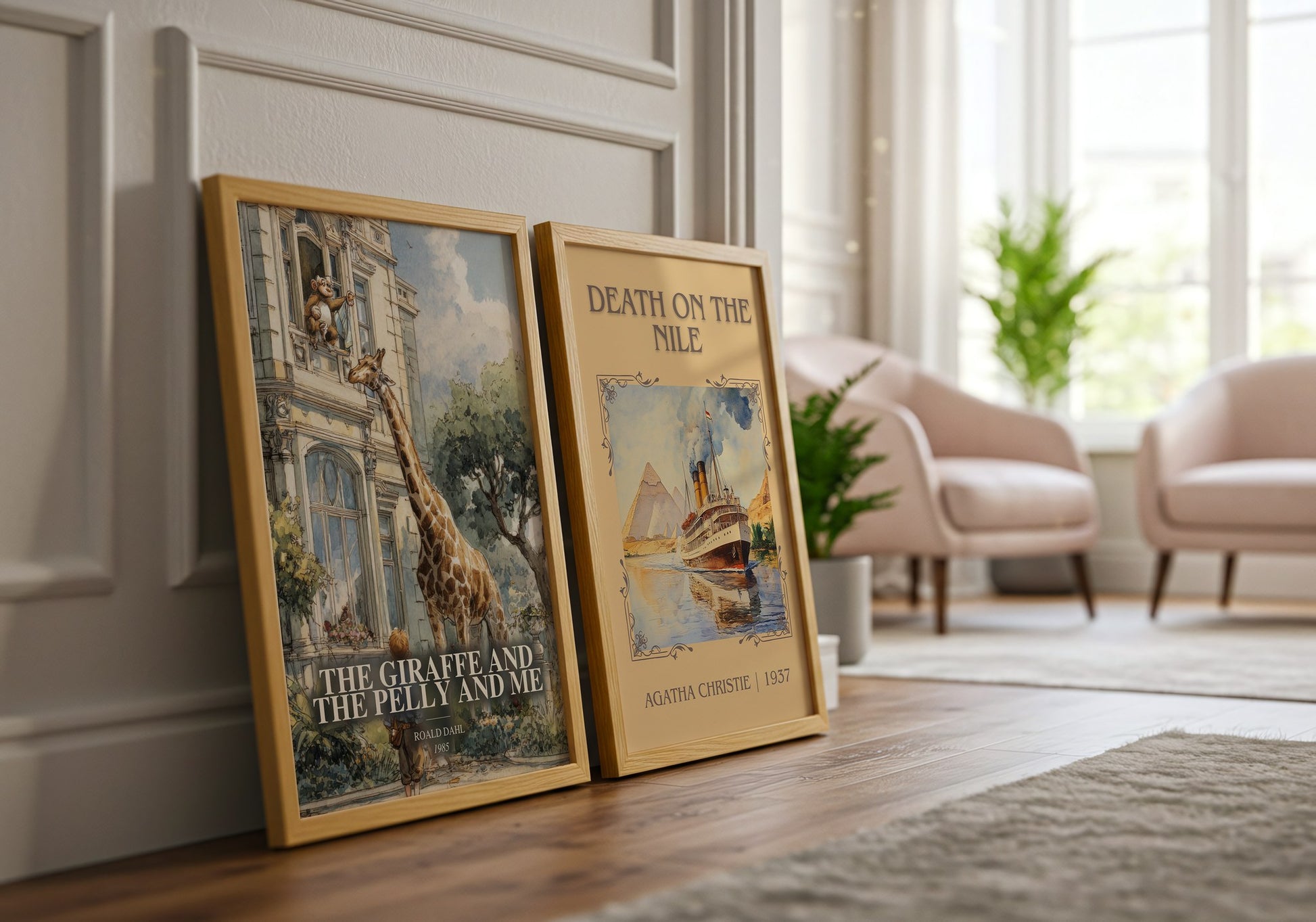 The Giraffe And The Pelly And Me watercolour print framed by window – literary home decor