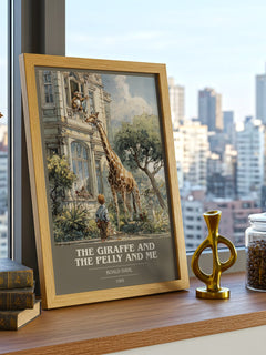 The Giraffe and the Pelly and Me Book Cover Poster by Roald Dahl – framed print on a city-view windowsill