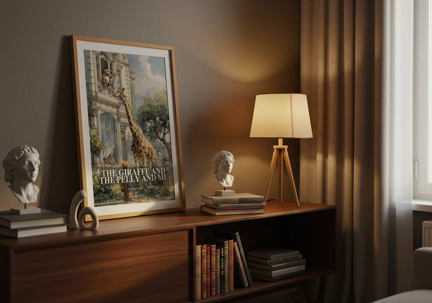 The Giraffe And The Pelly And Me watercolour print on bookshelf – Roald Dahl fan gift