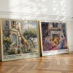 The Giraffe and the Pelly and Me Literary Art Print by Roald Dahl – large square framed print leaning against a wall