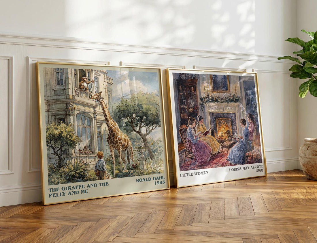 The Giraffe and the Pelly and Me Literary Art Print by Roald Dahl – large square framed print leaning against a wall