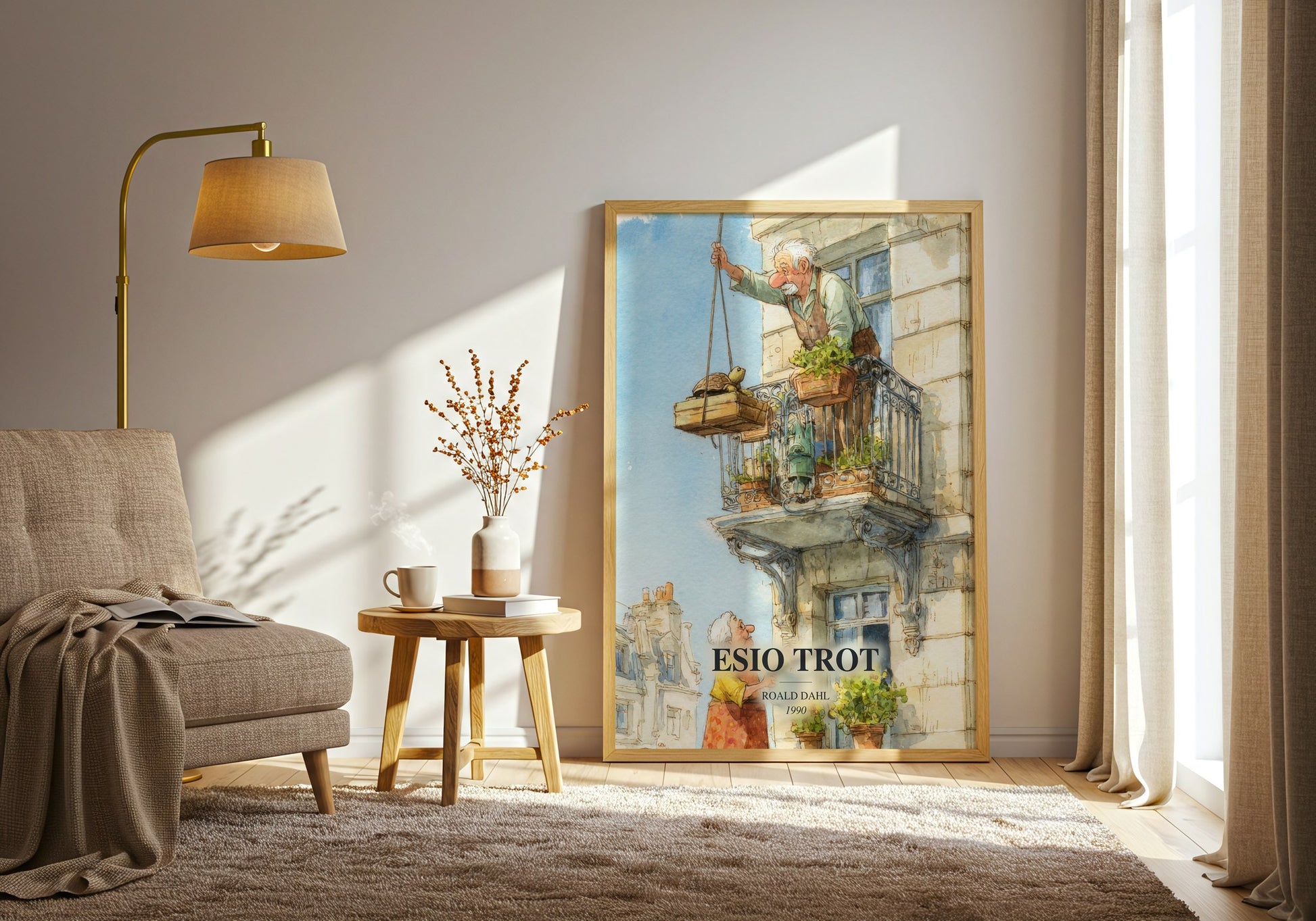Esio Trot watercolour print in frame leaning in hallway – childrens wall art