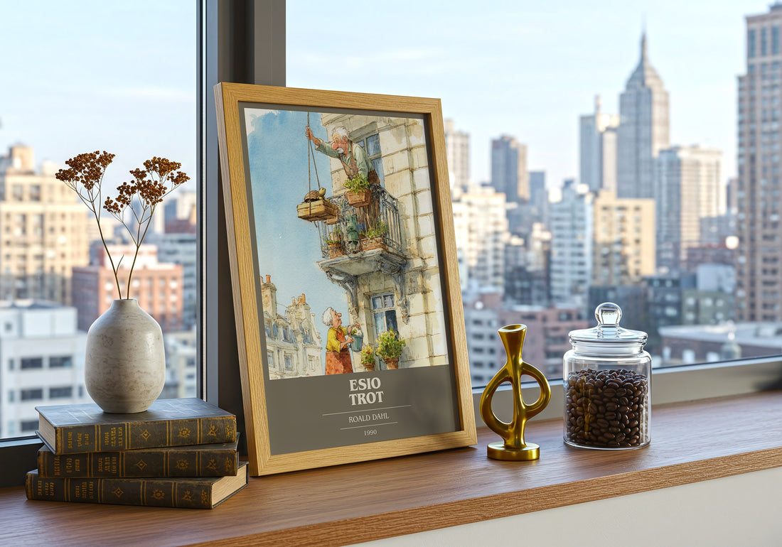 Esio Trot Book Cover Poster by Roald Dahl – framed print on a city-view windowsill
