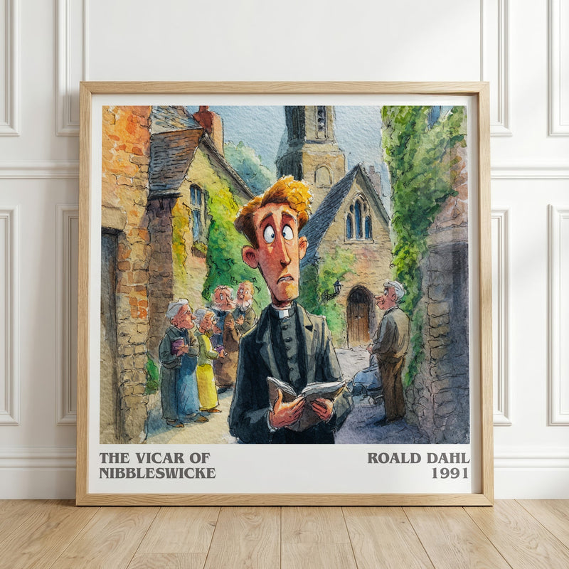 The Vicar of Nibbleswicke literary print in frame leaning in hallway – childrens wall art