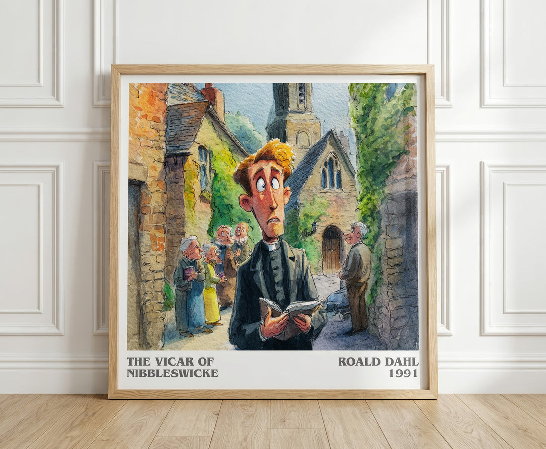 The Vicar of Nibbleswicke literary print in frame leaning in hallway – childrens wall art (mockup)