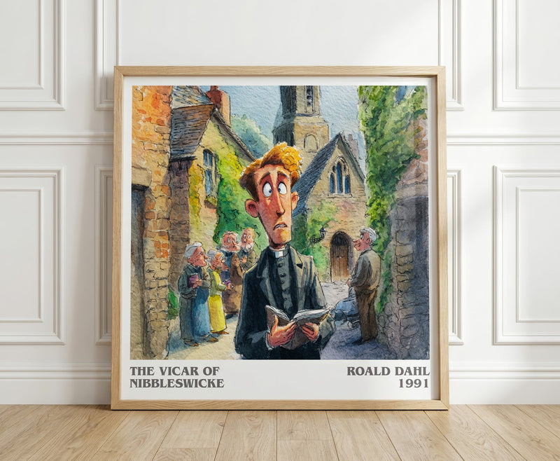 The Vicar of Nibbleswicke literary print in frame leaning in hallway – childrens wall art